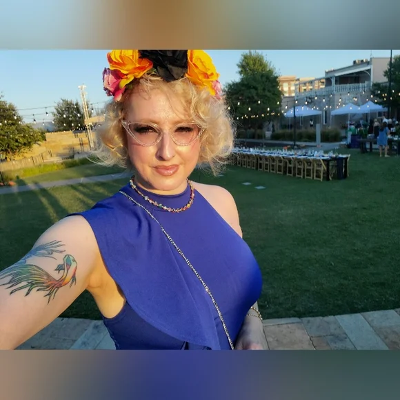 EUC Royal Blue Asymmetrical Ruffled Bodysuit Bodycon Sz L - Picture 5 of 6